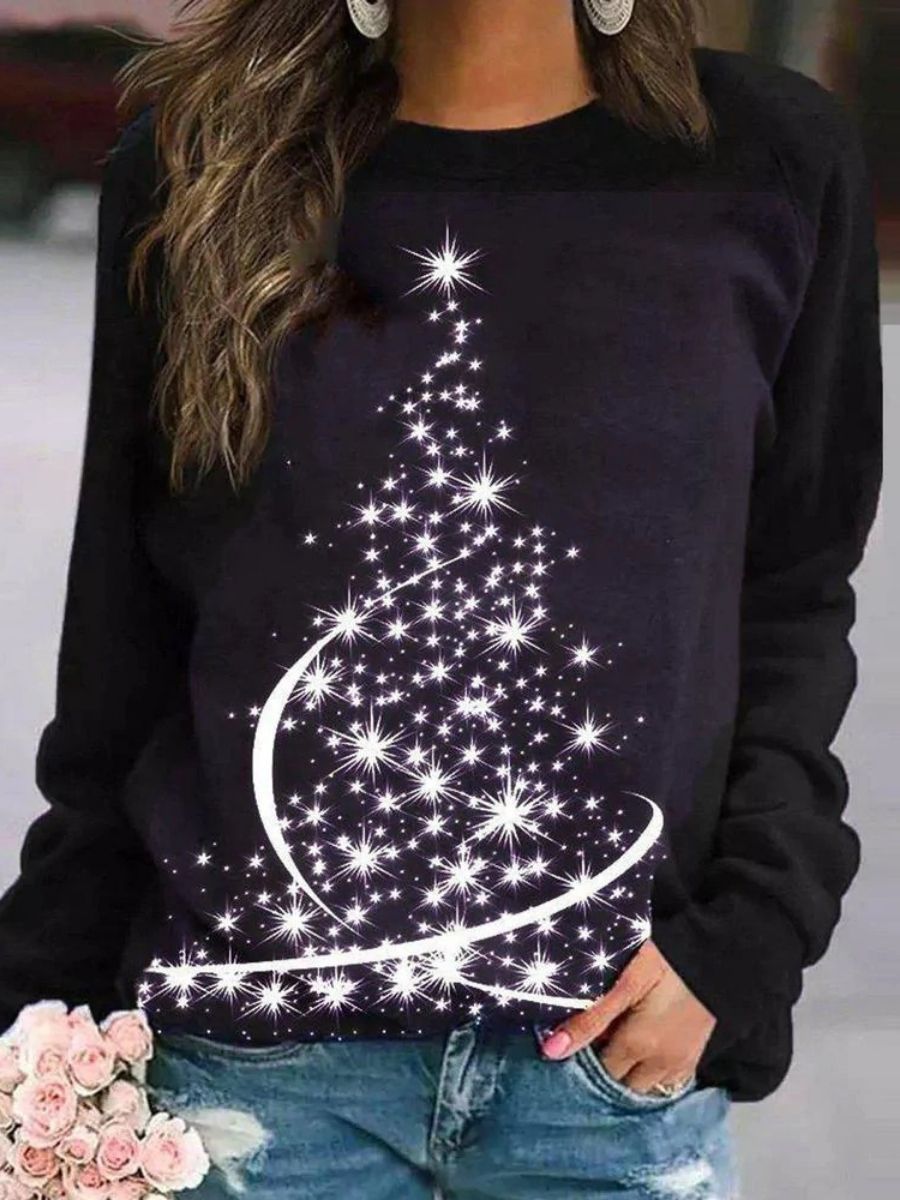 Black Casual Graphic Tops Round Neck Christmas Tree Printed Long Sleeve Xmas Sweatshirts