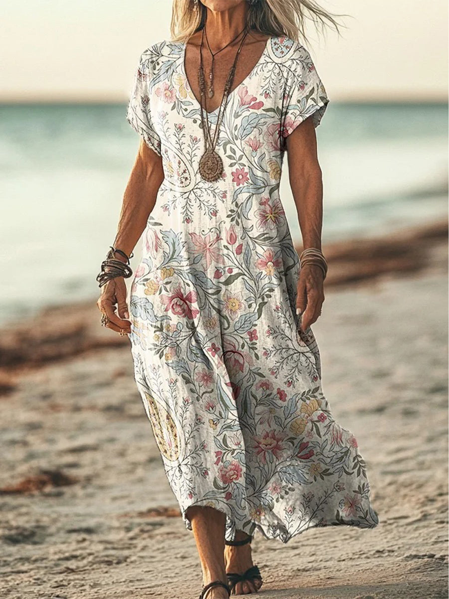 Women's Retro Flower Print Pocket Dress