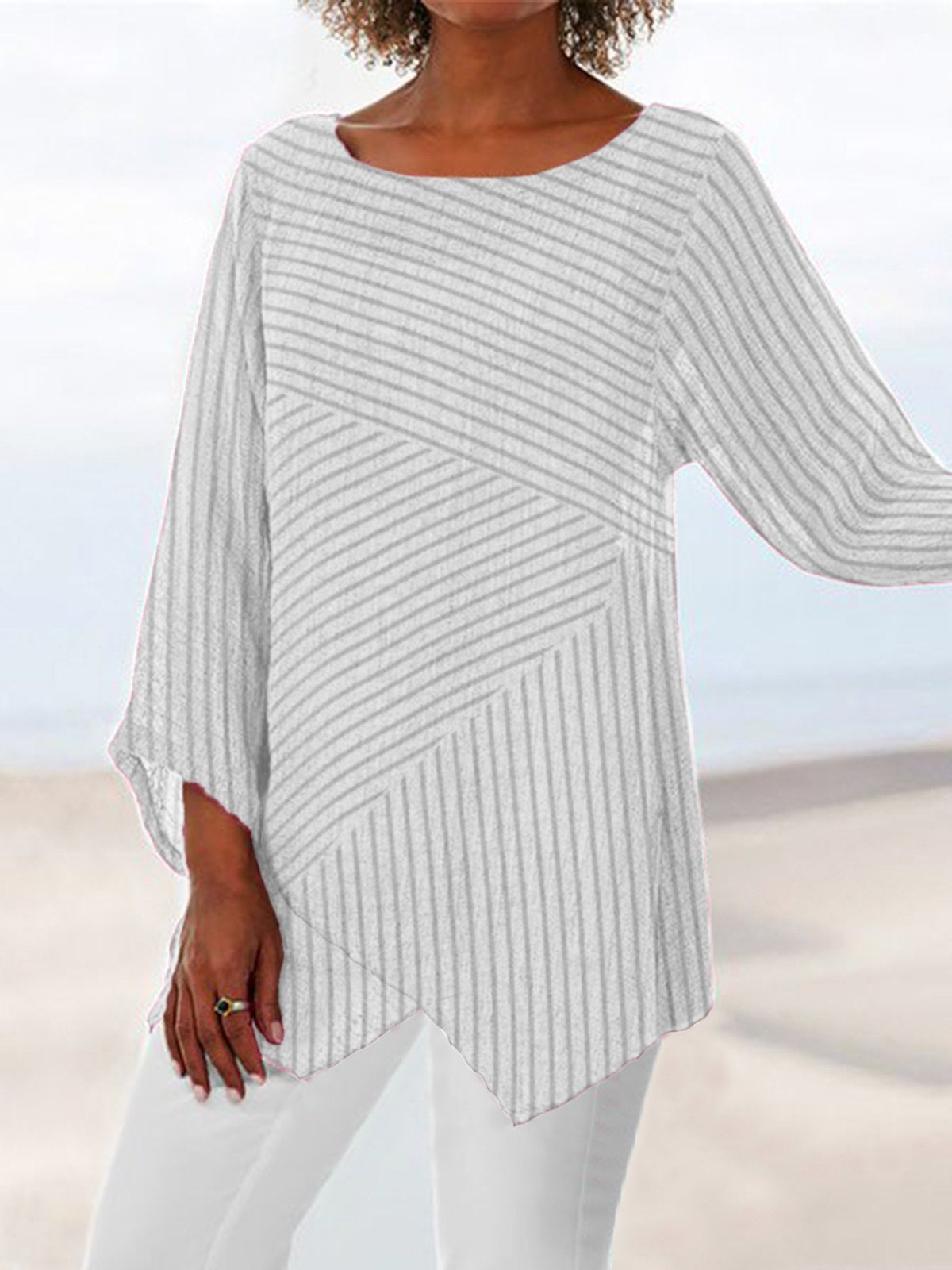 Women's Casual Striped Asymmetrical Hem Loose-Fit Long Sleeve Top