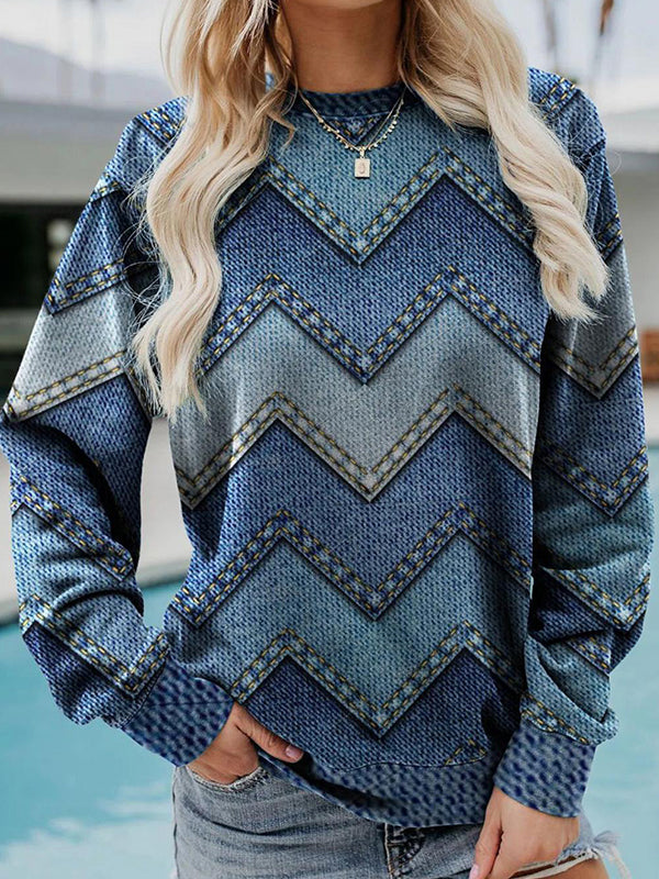 Blue Casual Round Neck Long Sleeve Geometric Printed Sweatshirts