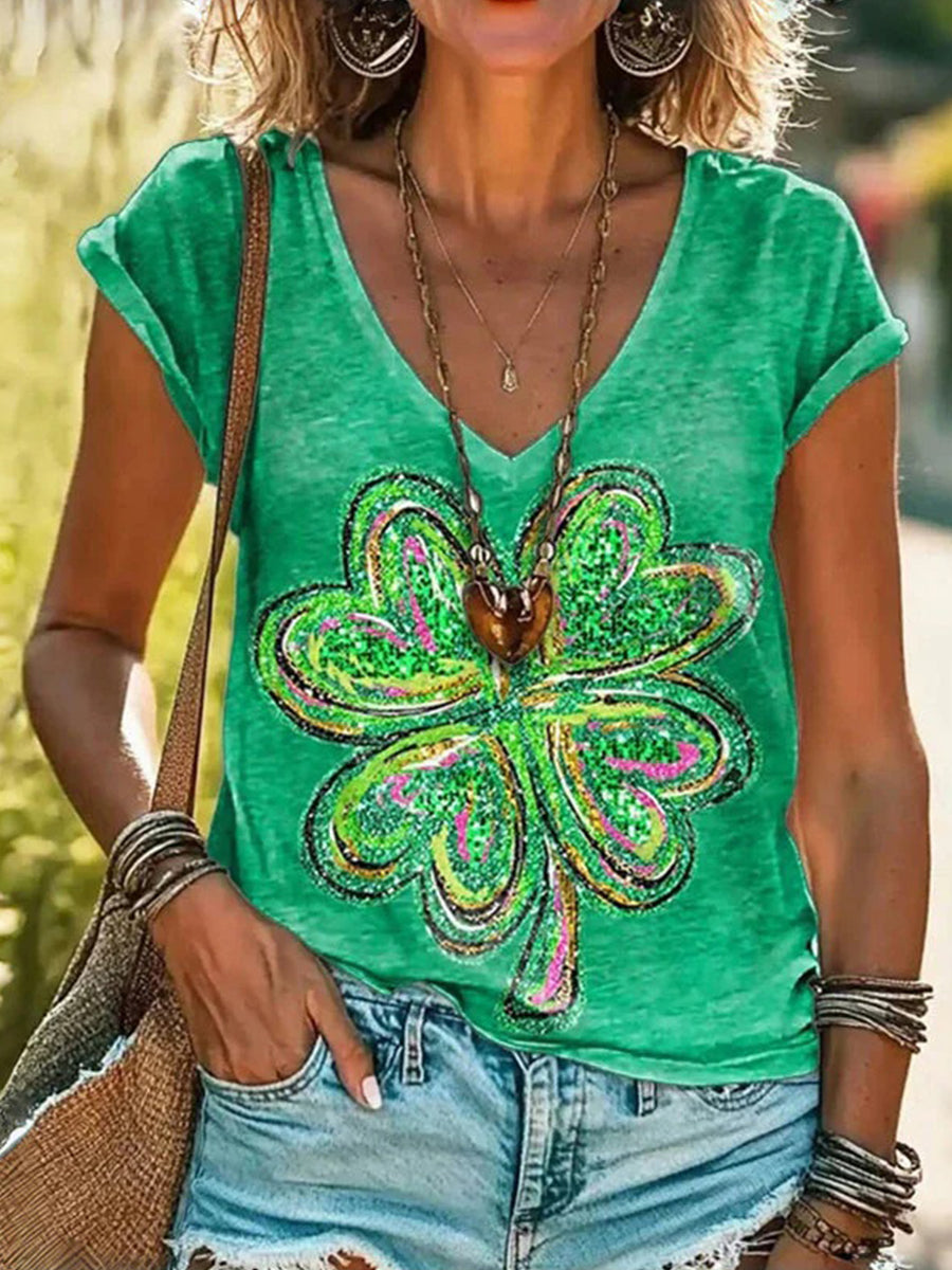 Four-Leaf Clover Print V-neck Short Sleeve T-Shirt