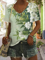 Vintage Floral Print V-neck Short Sleeve T-Shirt