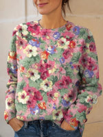 Floral Print Round Neck Long Sleeve Pullover Sweater
