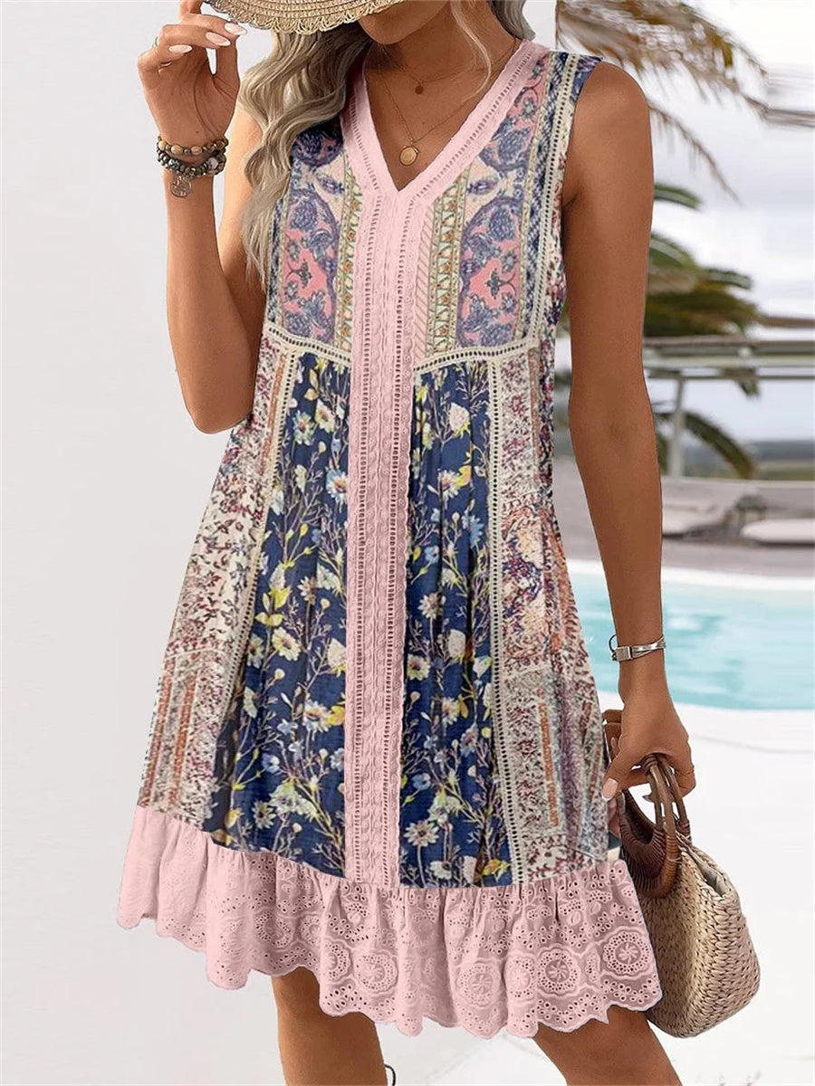 Women's Sleeveless V-neck Graphic Lace Midi Dress