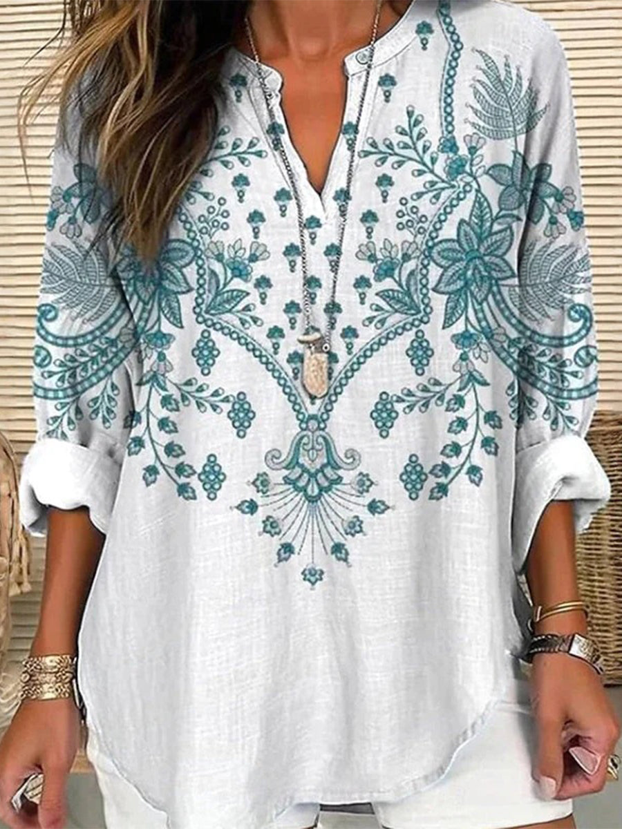 Vintage Floral Print V-neck Long Sleeve Blouse