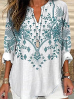 Vintage Floral Print V-neck Long Sleeve Blouse