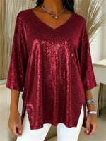 Women's Sparkly Christmas V-neck 3/4 Sleeve Top
