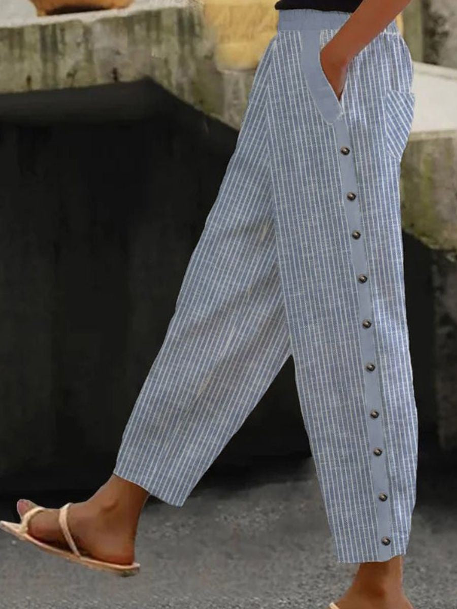 Women's Casual Striped Cotton Pants With Pockets