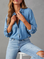 Spring Collar Denim Long Sleeve Abstract Regular Loose Blouse