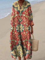 Vintage Floral Printed V-neck Long Sleeve Loose Maxi Dress