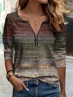 Crew Neck Long Sleeve Geometric Zipper Blouse