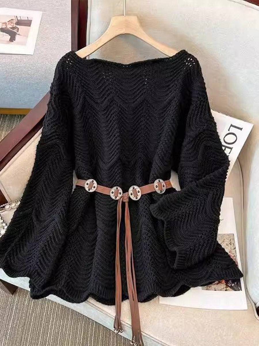 Baggy Plain Boat Neck Long Sleeve Sweater