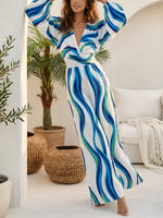 Ocean Wave Print V-neck Long Sleeve Wide-Leg Jumpsuit