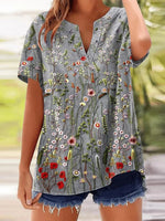 Vintage Floral Printed V-neck Short Sleeve Top