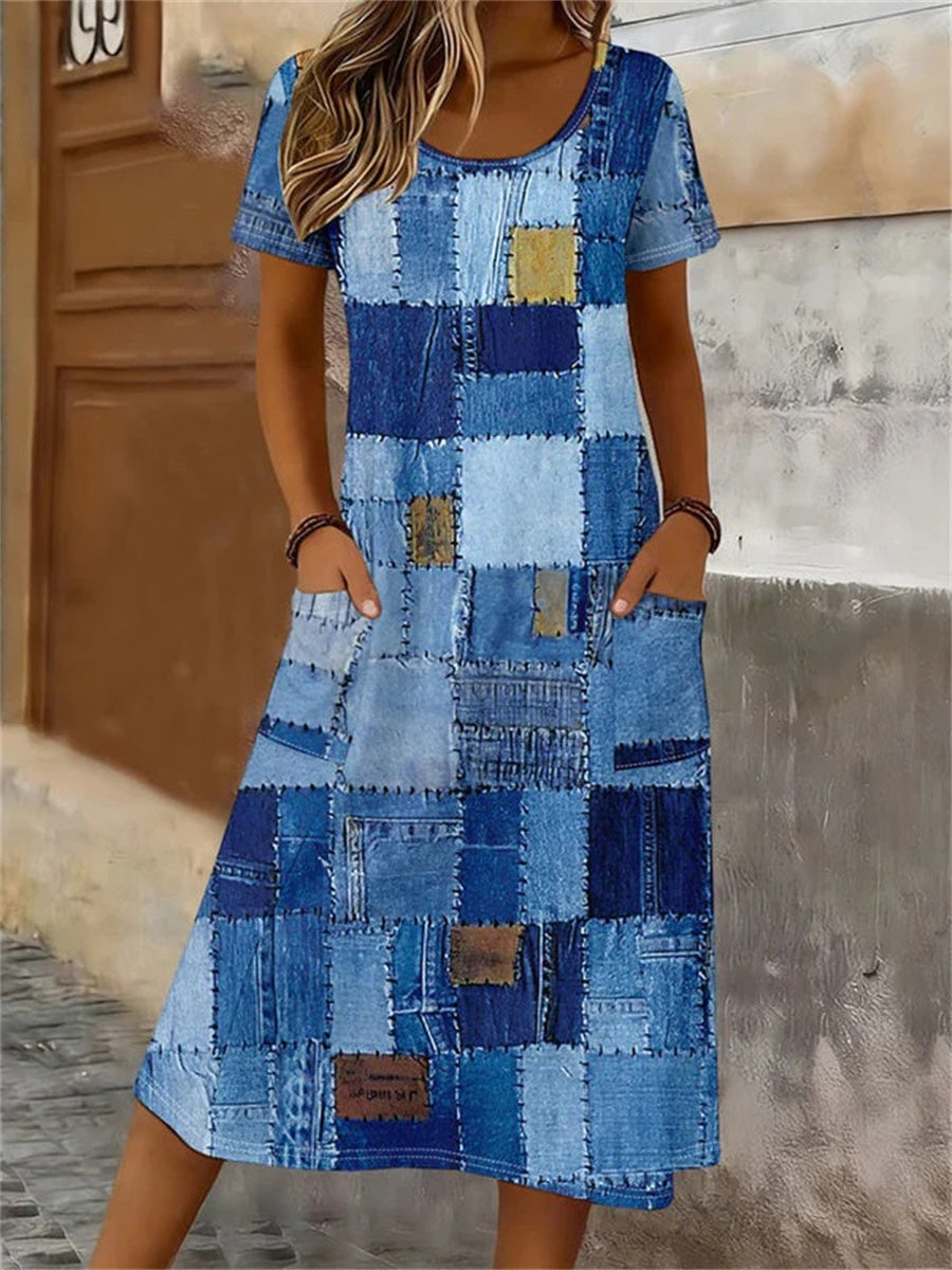 Vintage Colour Block Round Neck Short Sleeve Dress