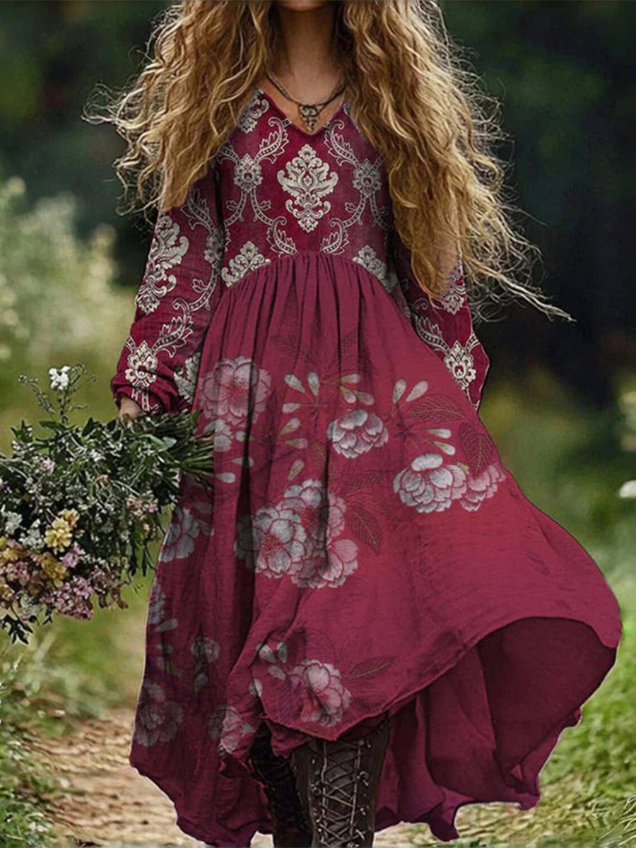Vintage Floral Print Red Dress