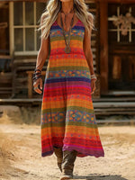 Vintage Ethnic Print V-neck Sleeveless Dress