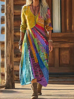 Vintage Colourful V-neck Long Sleeve Dress