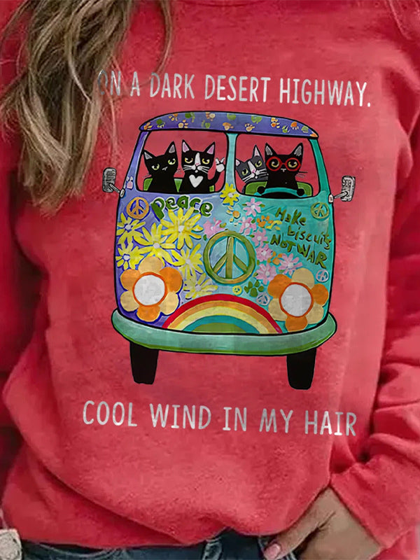 Red Casual Graphic Tops Round Neck Long Sleeve Cat Printed Sweatshirts
