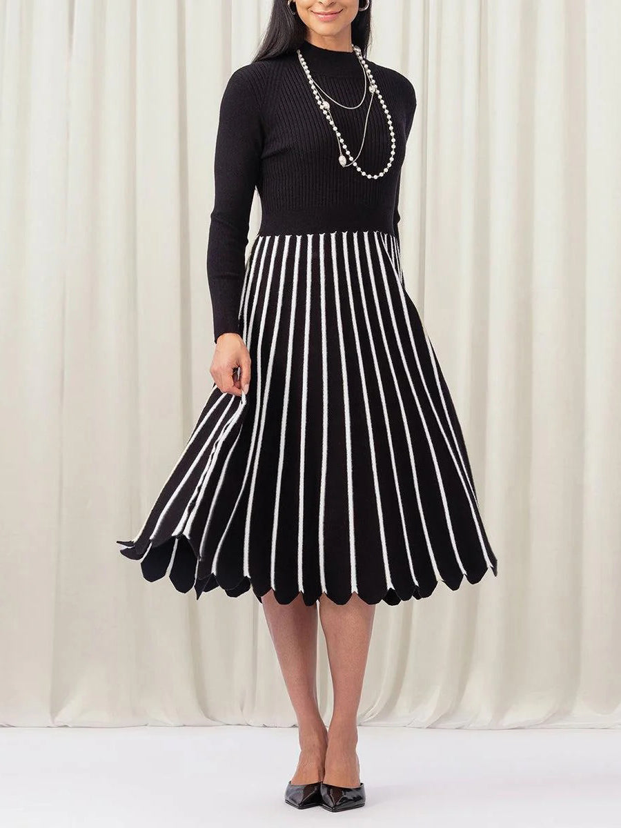 Stylish Striped Print Long Sleeve Midi Dress