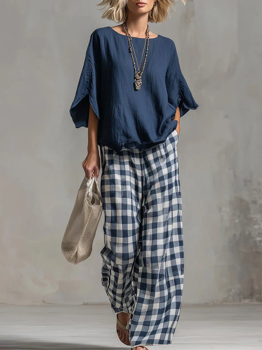 Navy Flare Round Neck 3/4 Sleeve Top Gingham Pants Matching Set