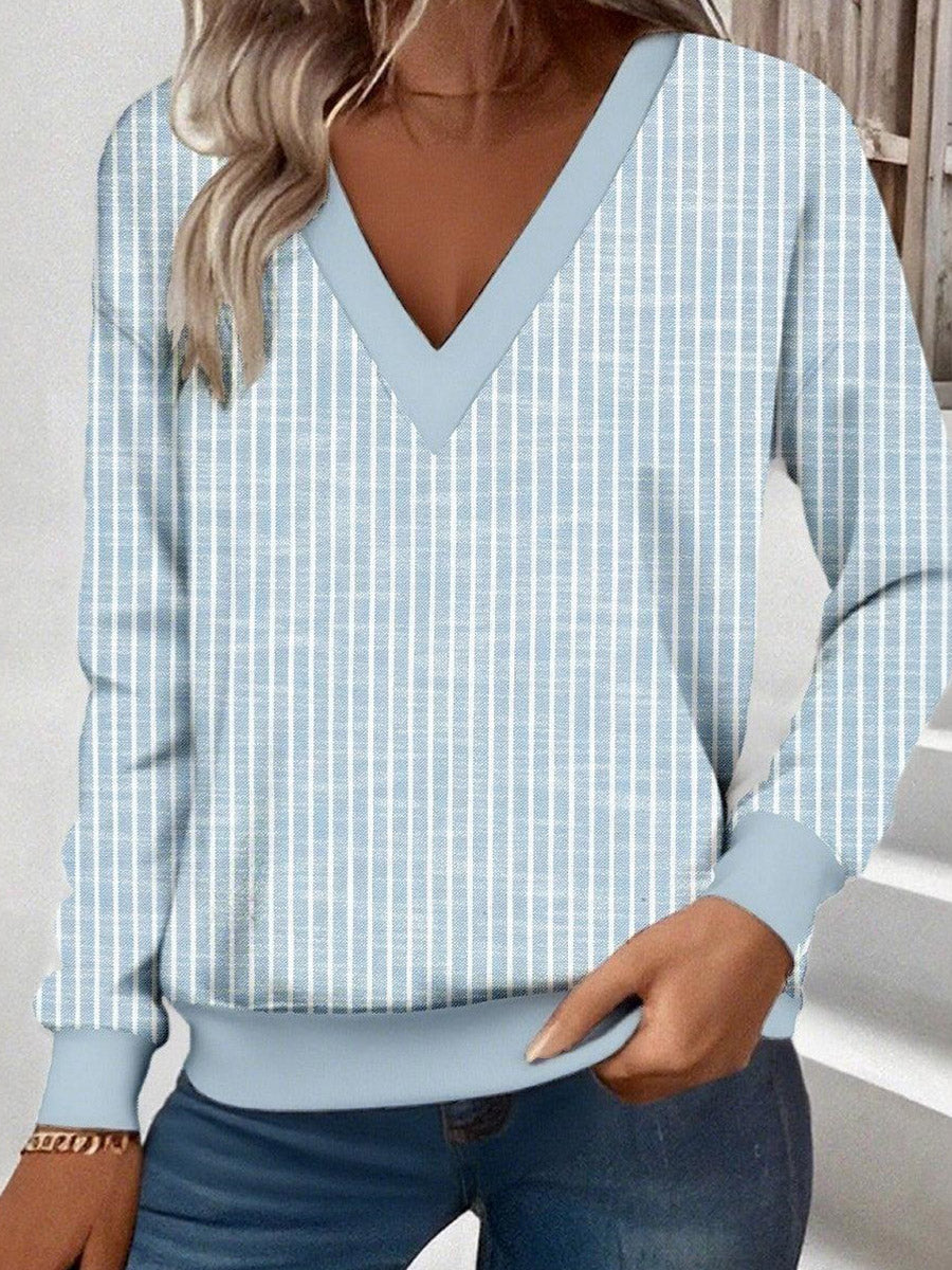 Fresh Long Sleeve Striped Print V-neck Top