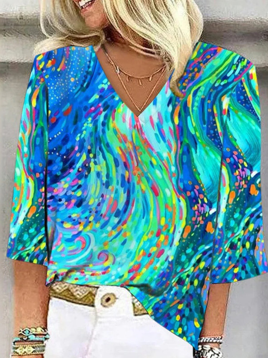 Colourful Abstract Print V-neck 3/4 Sleeve Blouse