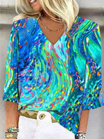 Colourful Abstract Print V-neck 3/4 Sleeve Blouse