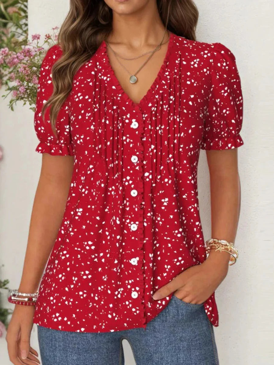 Vintage Casual V-neck Short Sleeve Blouse