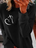 Black Casual Graphic Tops Round Neck Long Sleeve Heart Printed Sweatshirt