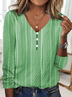 Polka Dot V-neck Long Sleeve Casual T-shirt