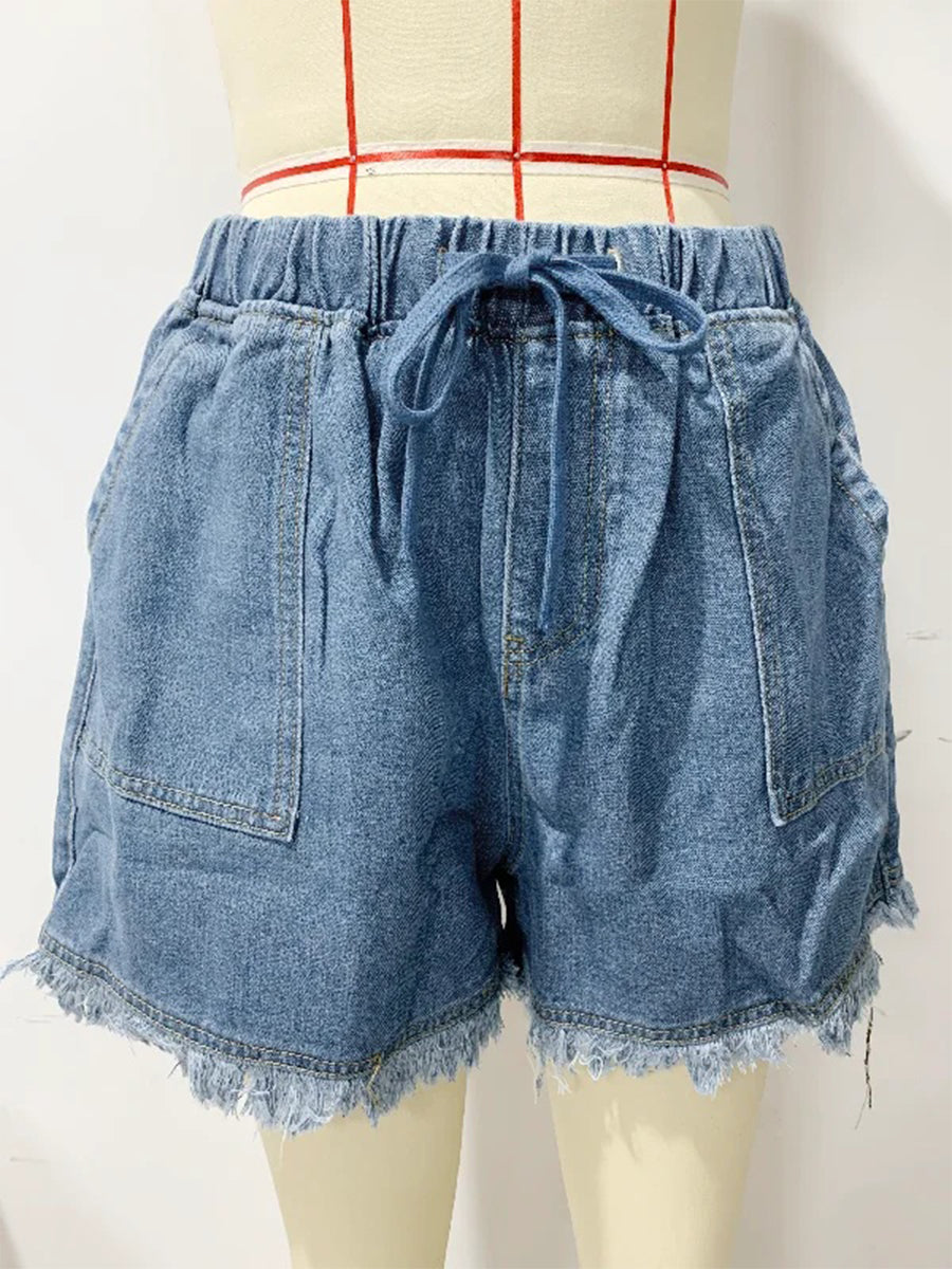 Casual Drawstring High Waisted Denim Fringed Shorts