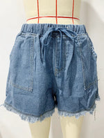 Casual Drawstring High Waisted Denim Fringed Shorts