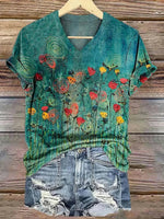 Vintage Floral Print V-neck Short Sleeve T-Shirt
