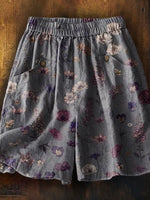 Women's Vintage Flower Art Printed Casual Pocket Shorts