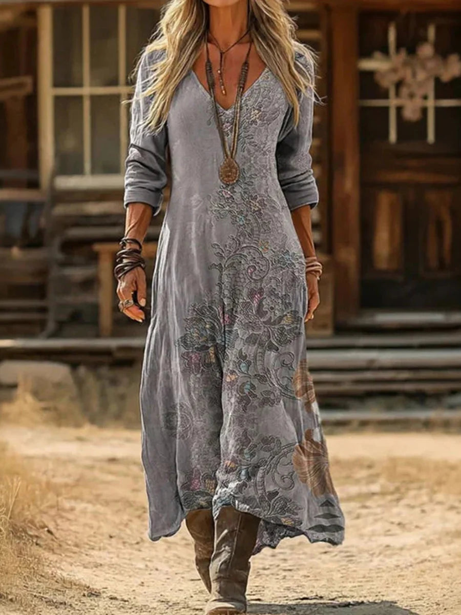 Vintage Floral Print V-neck Long Sleeve Dress