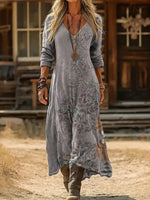 Vintage Floral Print V-neck Long Sleeve Dress