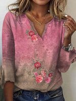 Sweet Pink Floral Print V-neck 3/4 Sleeve Top