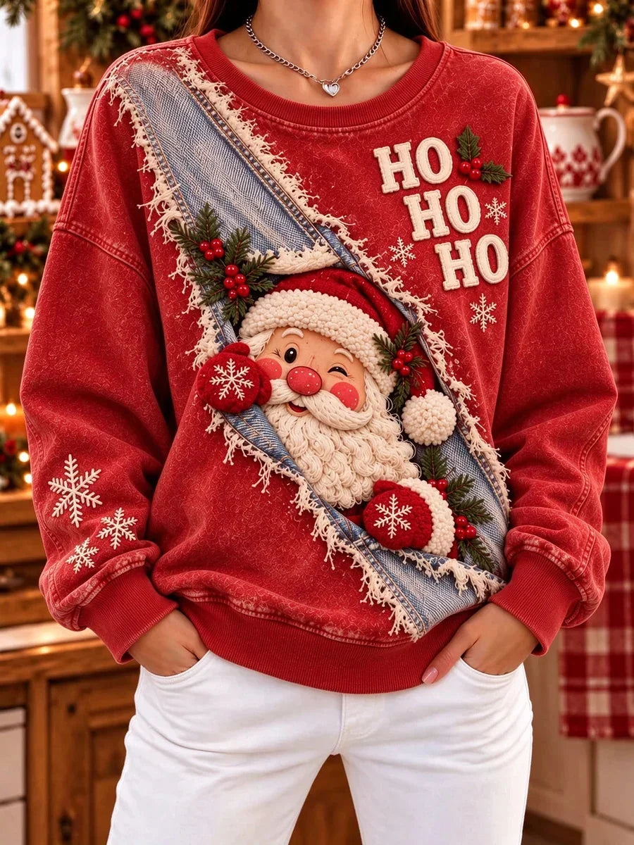 Women's Christmas Santa Claus printed Round Neck Long Sleeve Sweatshirt
