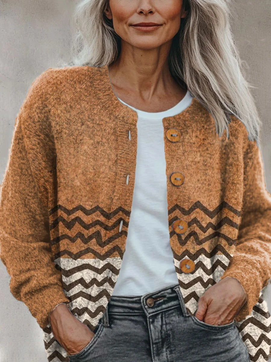 Terracotta Black Waves Abstract Pattern Print Long Sleeve Buttoned Cardigan Sweater