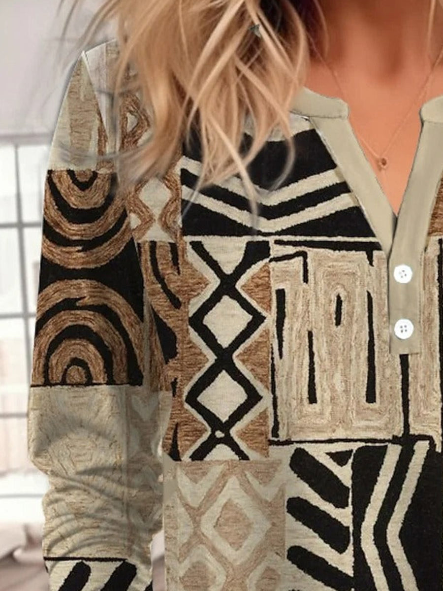 Ethnic Print Casual Buttoned V Neck Shirt