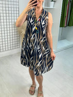 Navy Zebra Print Sleeveless V Neck Swing Mini Dress