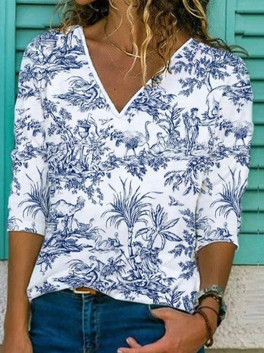 Abstract Print V-neck Casual Long Sleeve Top
