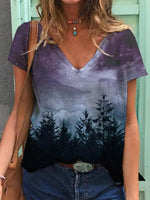 Purple Tie-dye Printed V-neck Short Sleeve T-shirt