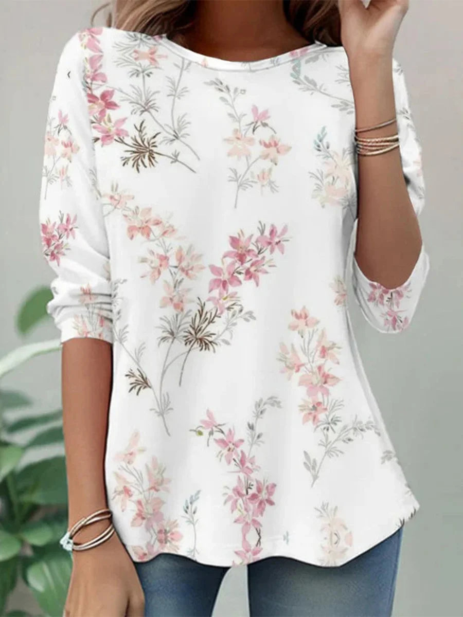Vintage Floral Print Round Neck Long Sleeve T-Shirt
