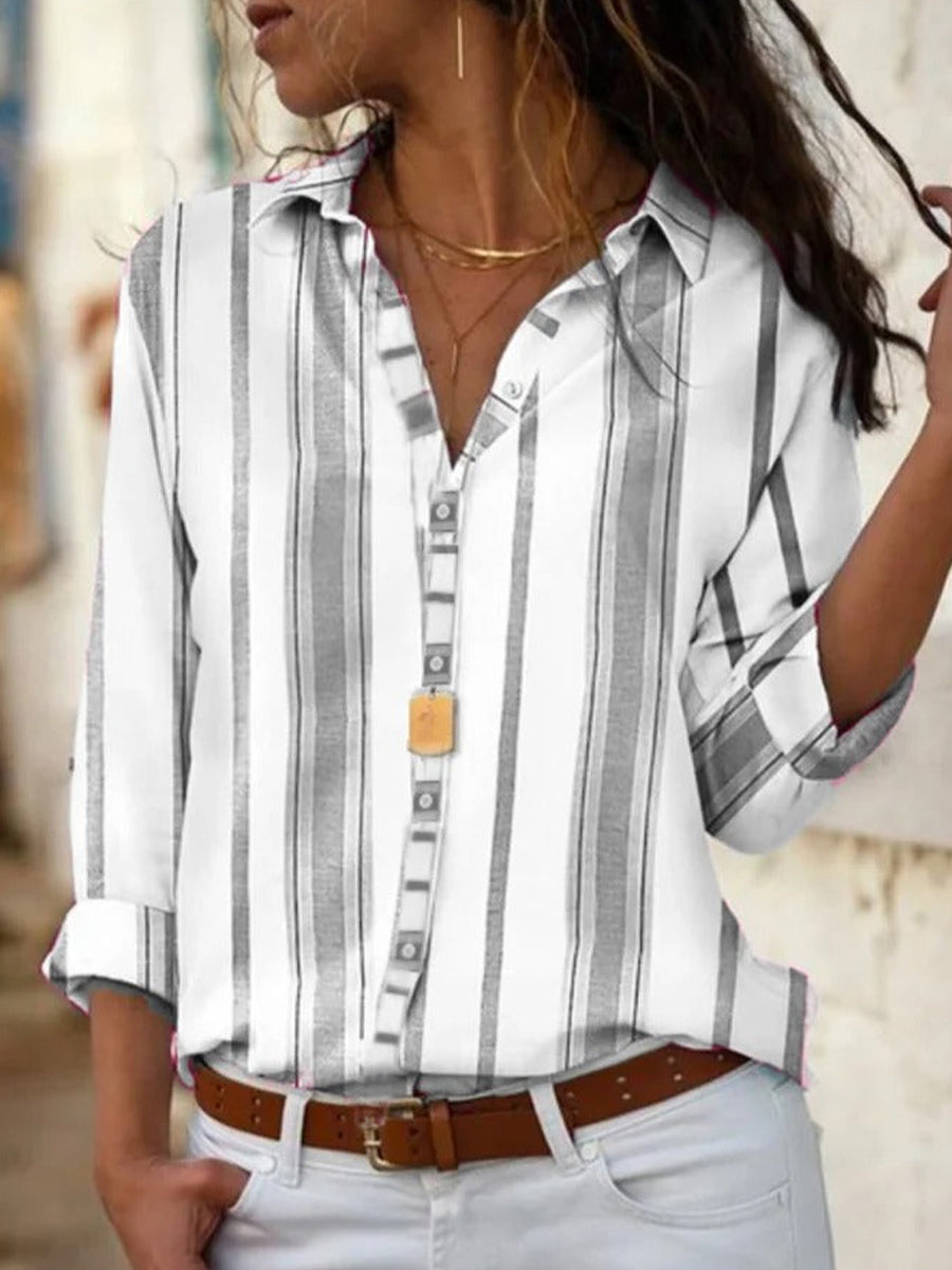 Stripe Print Lapel Long Sleeve Gray Blouse