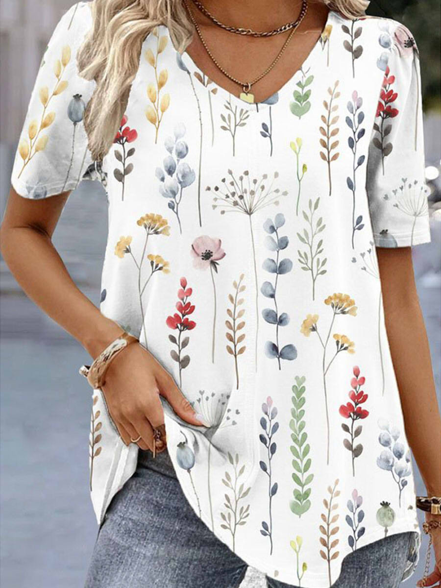 V Neck Short Sleeve Casual Loose Floral Shirt