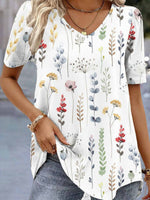 V Neck Short Sleeve Casual Loose Floral Shirt
