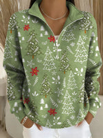 Women's Christmas Tree Art Print Casual Long Sleeve Zip Sweatshirt
