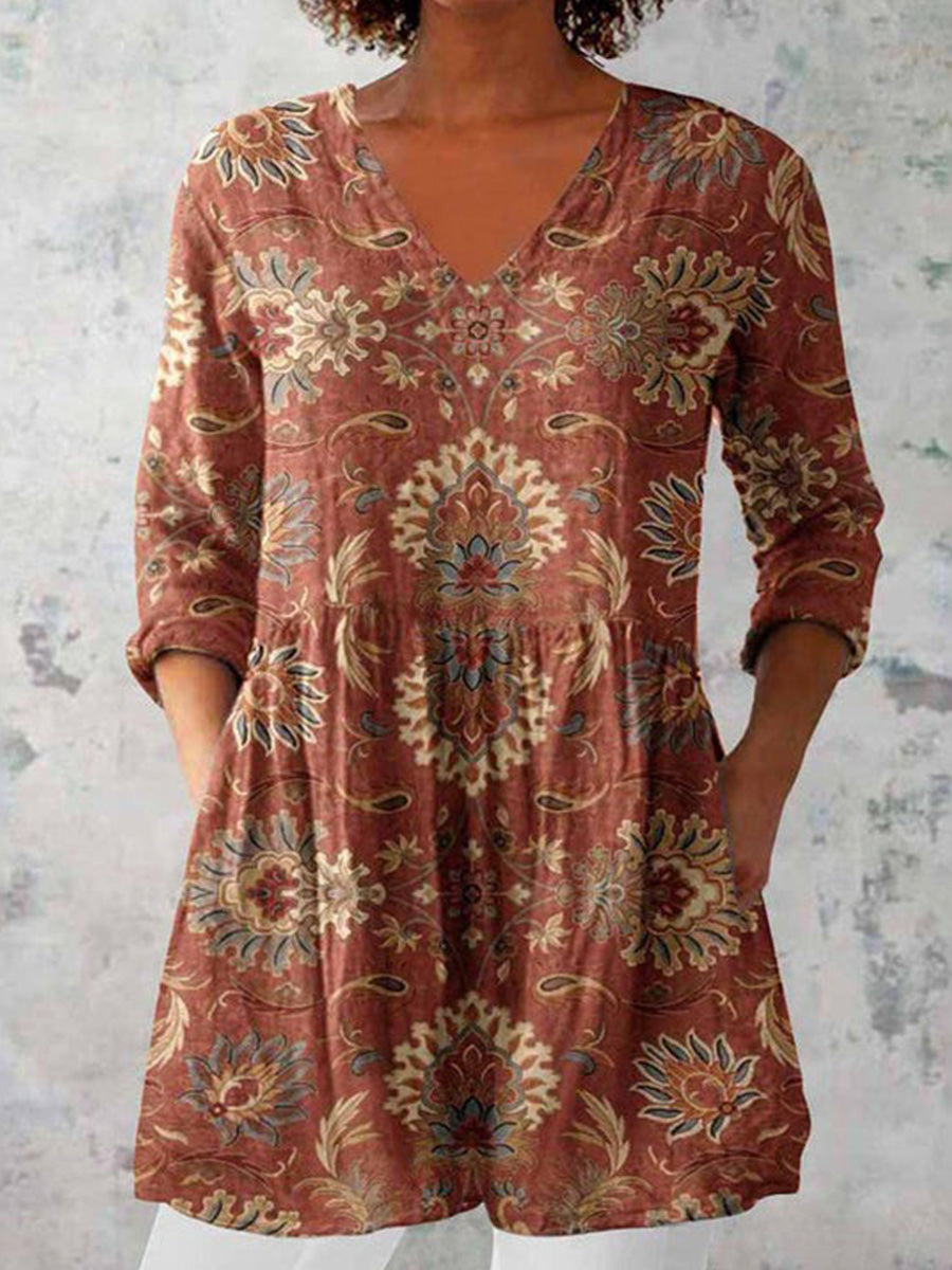 Vintage Ethnic Print 3/4 Sleeve V Neck Blouse